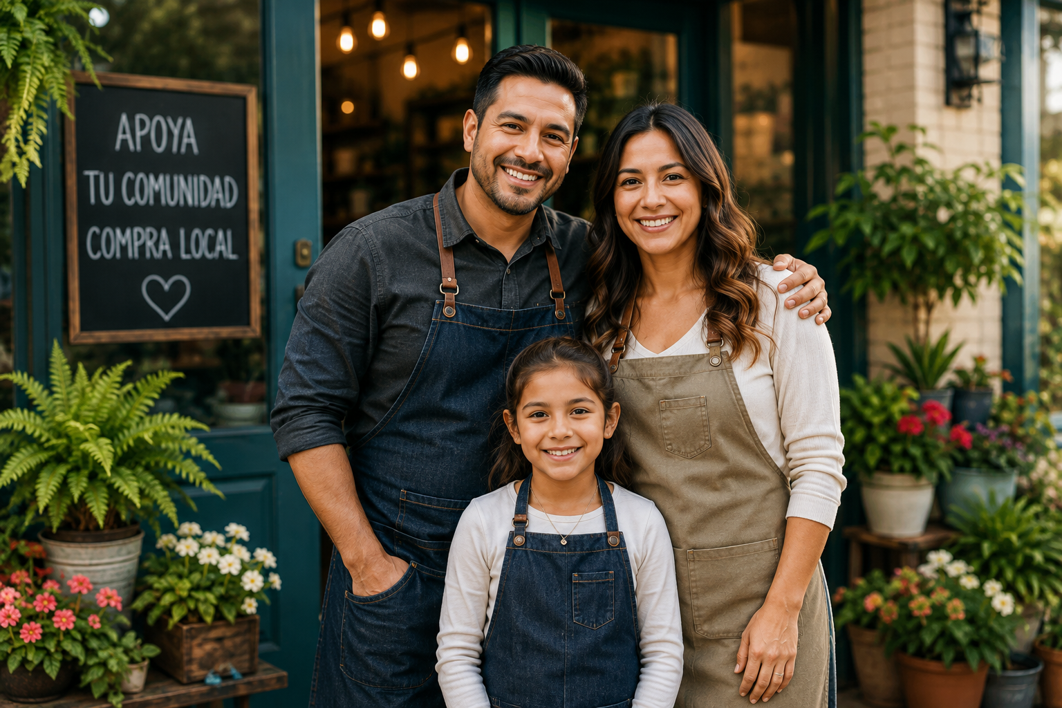 Latino family and local business owners outside a neighborhood storefront